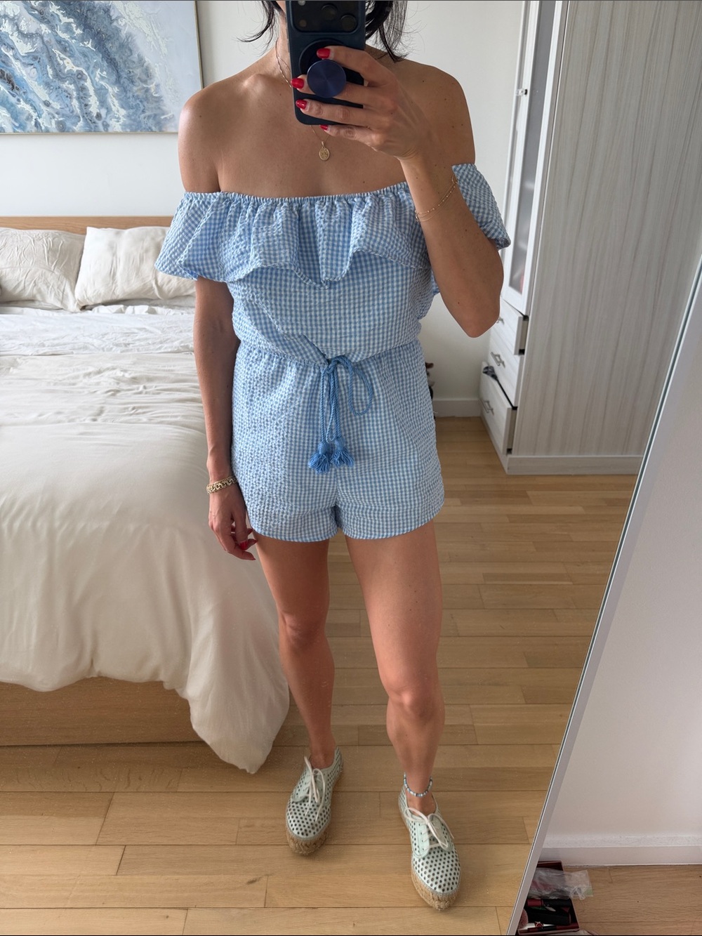 Azalea Light Blue Gingham Off-Shoulder Romper